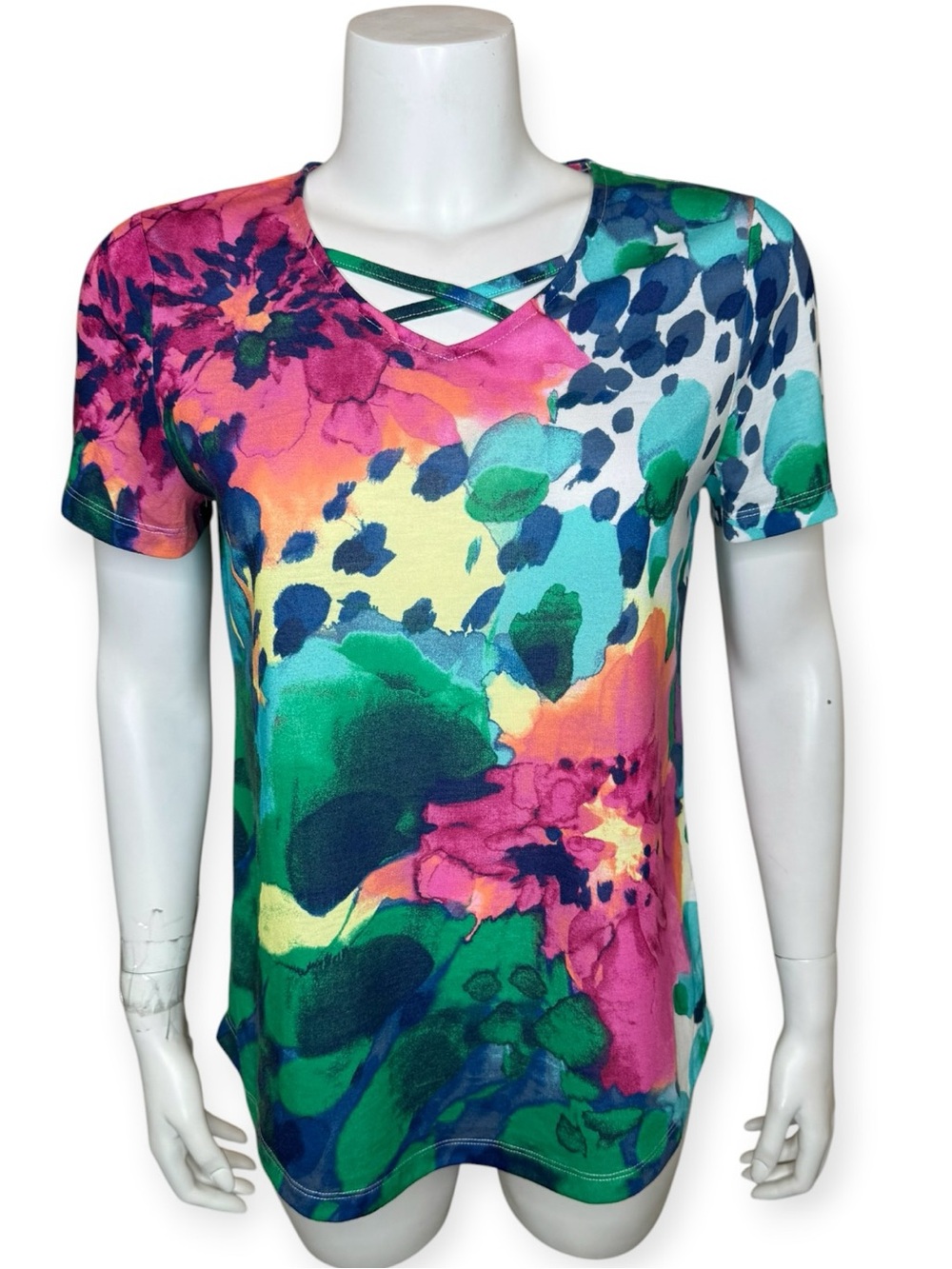 Chico’s Criss-Criss V-Neck Tee Top Size 1 Medium Floral Abstract Tropical